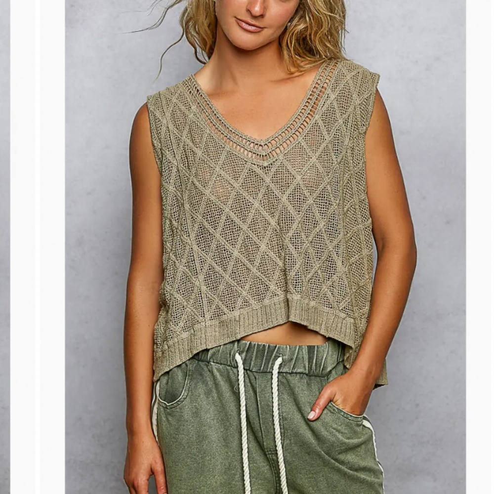 POL Knit Crochet V-Neck Sleeveless Tank Top in Olive - Picture 5 of 8